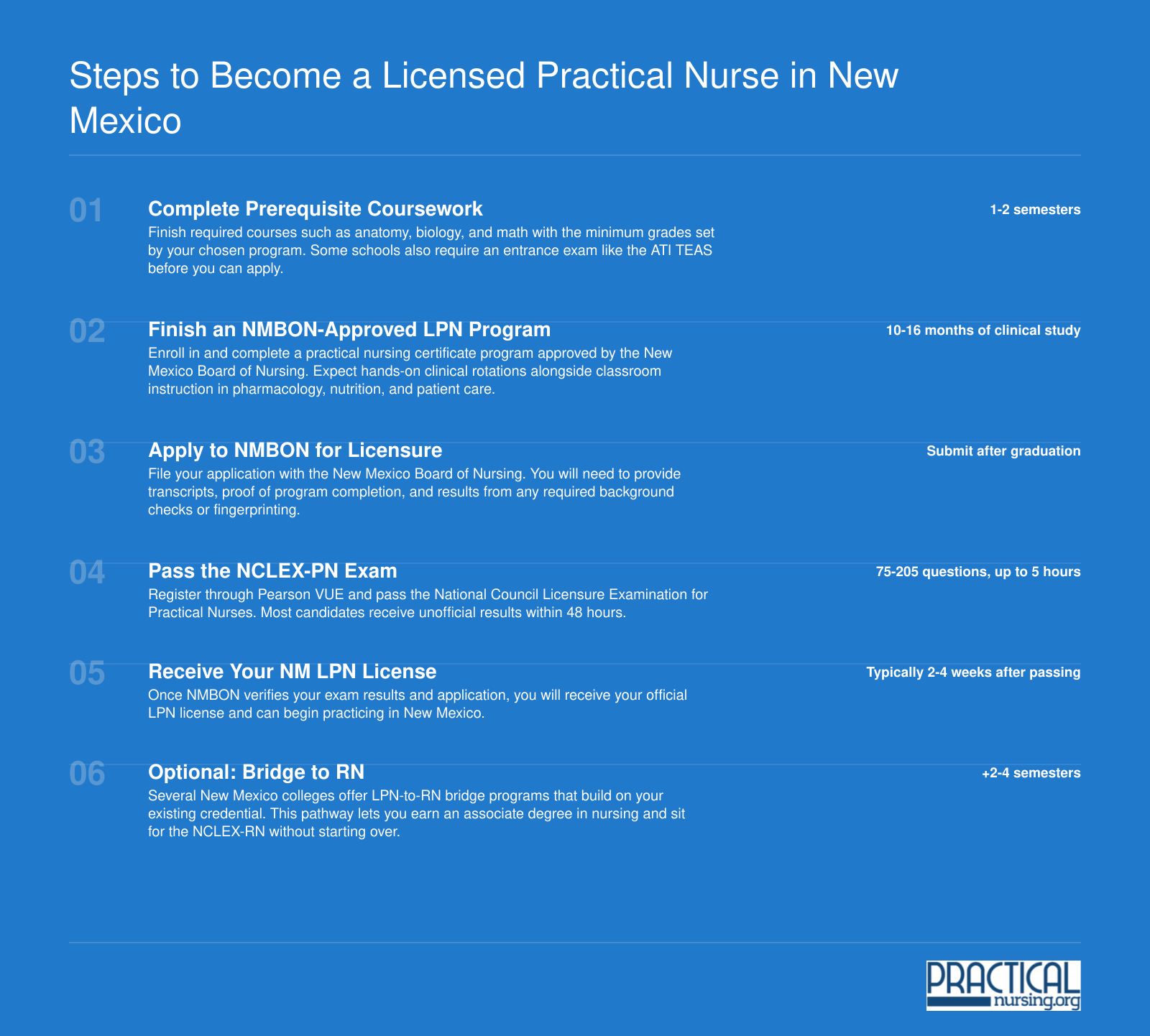 Six-step timeline from prerequisites through LPN licensure to optional RN bridge in New Mexico, with time estimates for each stage