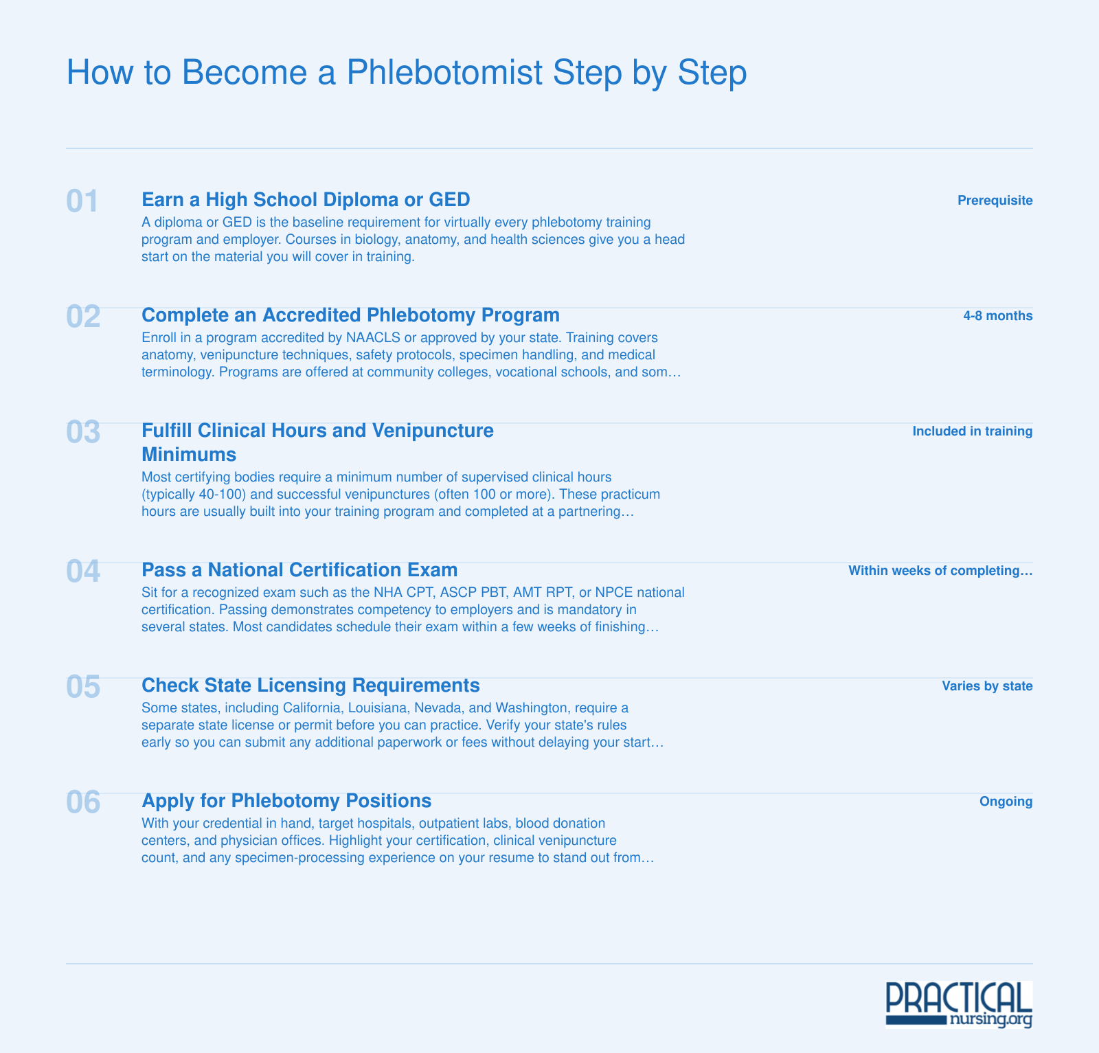 Six ordered steps to become a phlebotomist, from earning a diploma through certification and job search, with approximate timelines at each stage