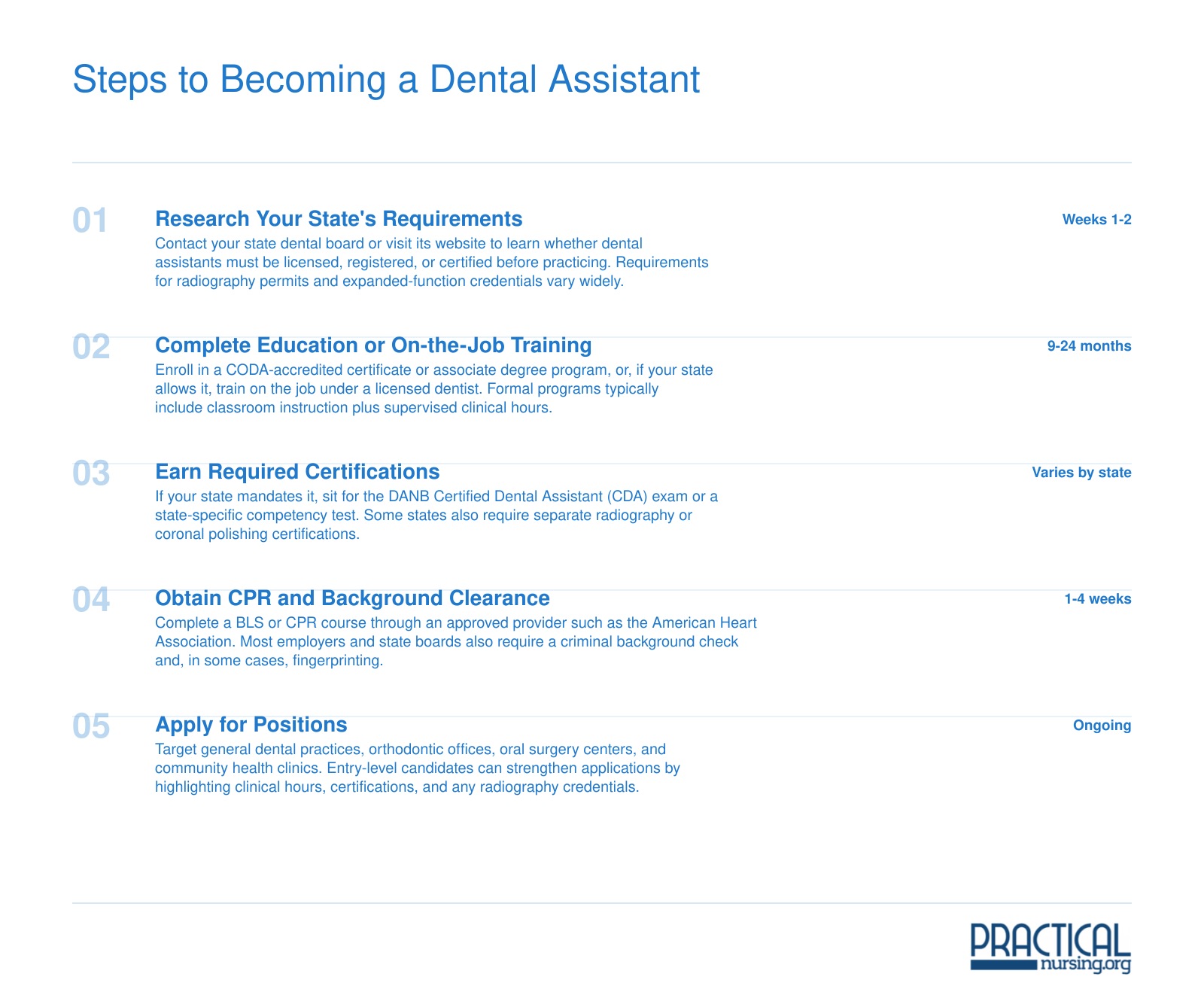 Five sequential steps to become a dental assistant, from researching state requirements through applying for jobs