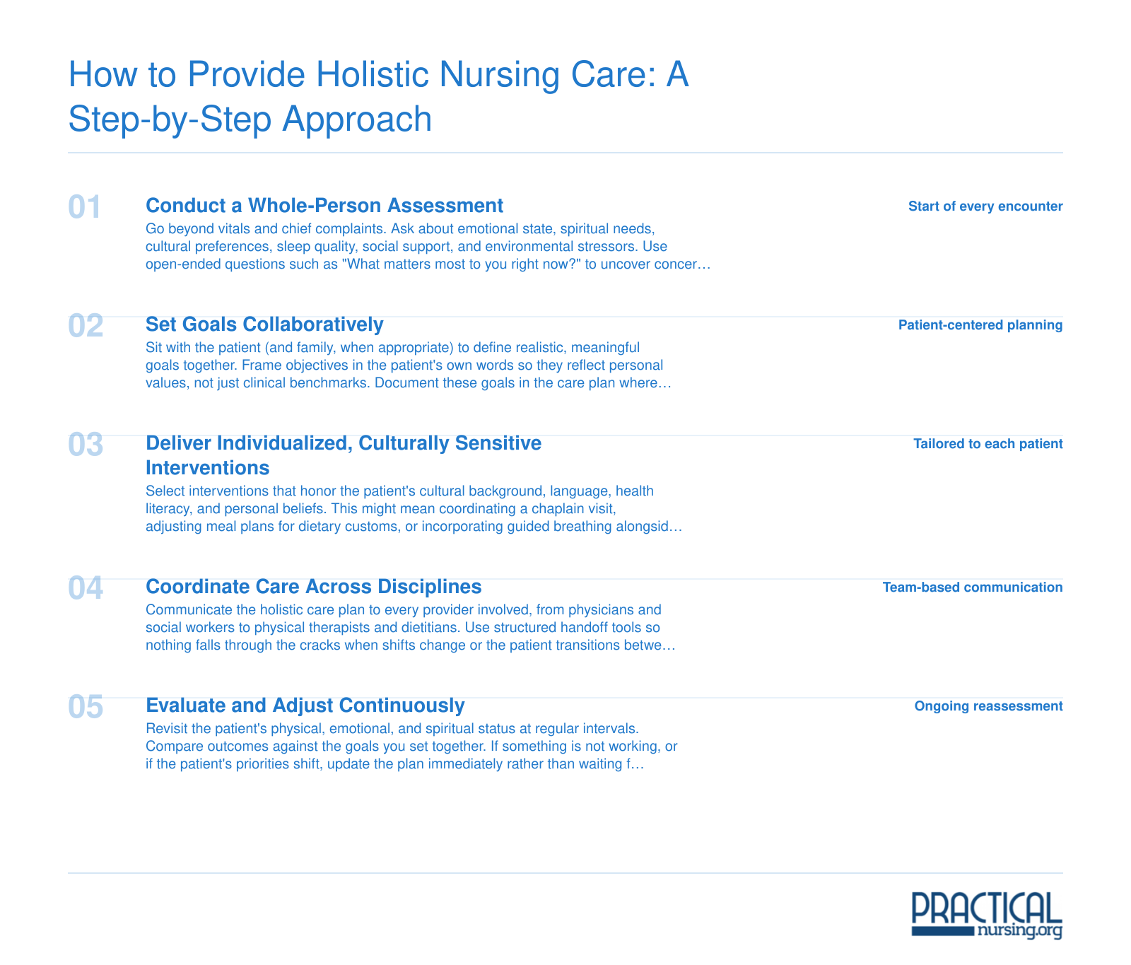 Five sequential steps for delivering holistic nursing care, from whole-person assessment through ongoing evaluation and plan adjustment