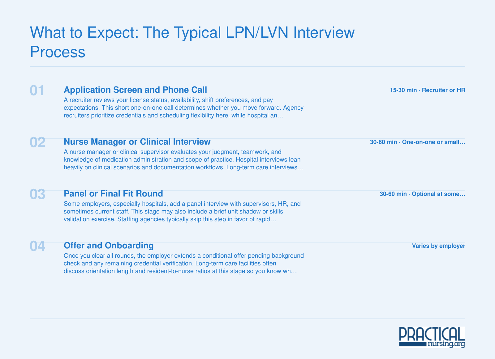 Typical LPN or LVN hiring process in three to four stages, from initial phone screen through final offer, varying by employer type